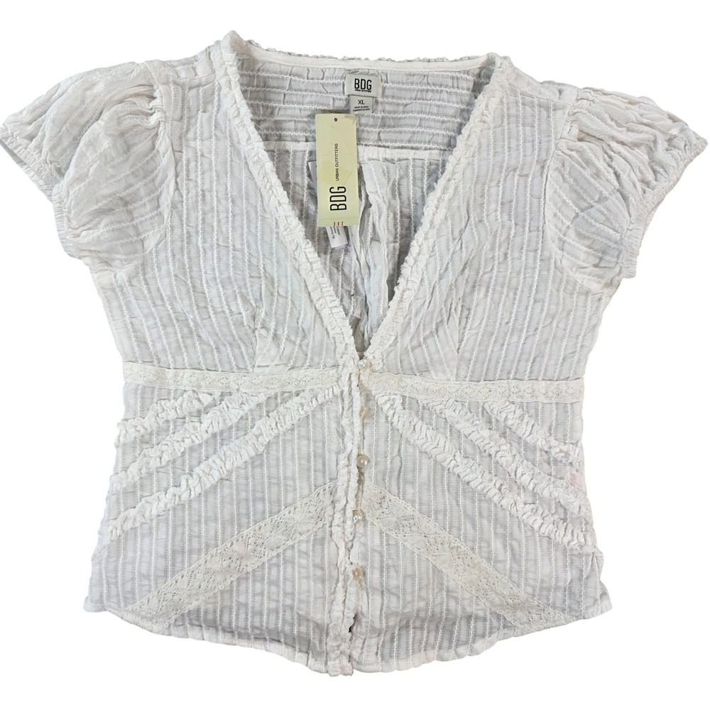 BDG Lace Trim Crinkle Button Front Top White XL Urban Outfitters Peasant Boho